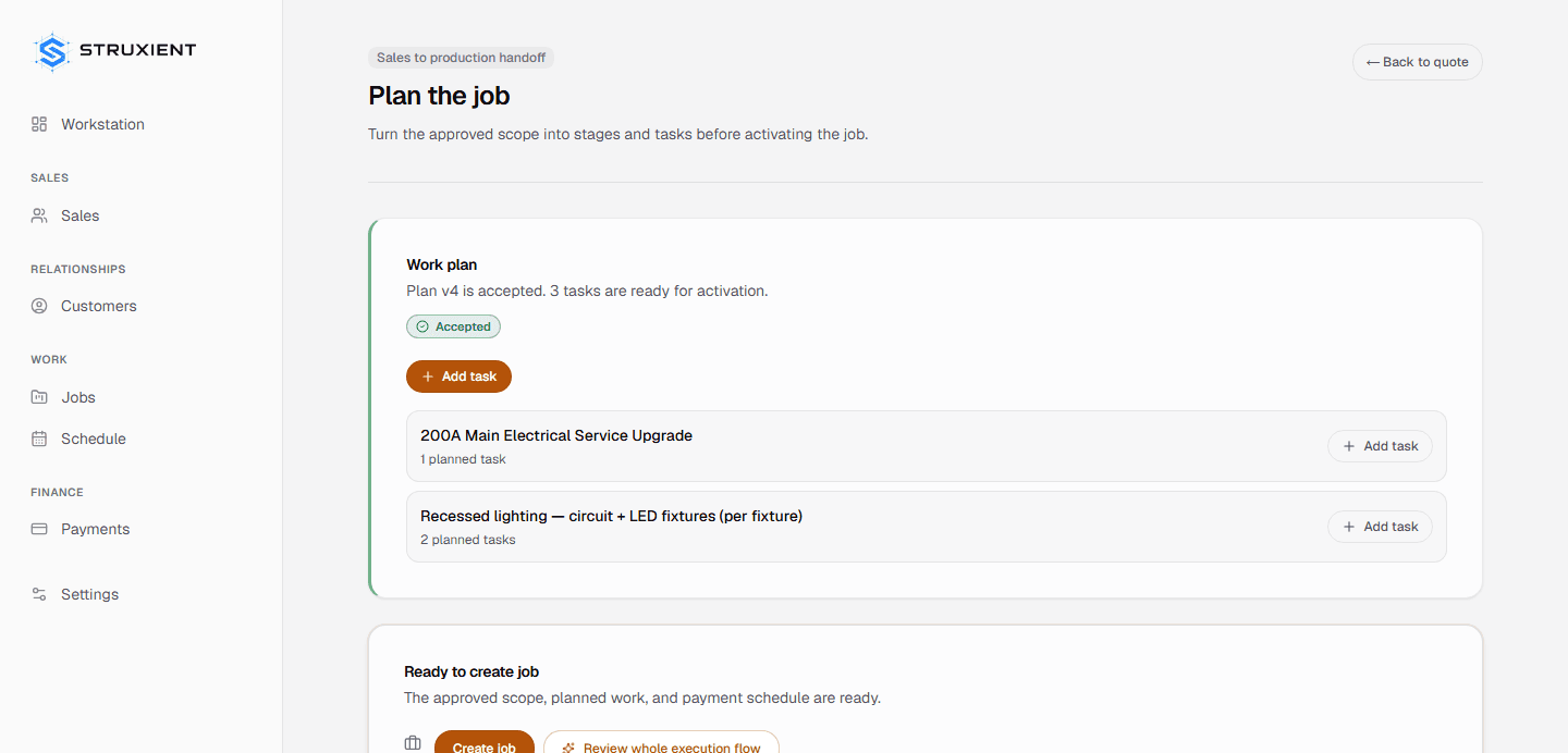 Struxient quote execution review screen showing an approved quote's scope turned into planned job stages and tasks