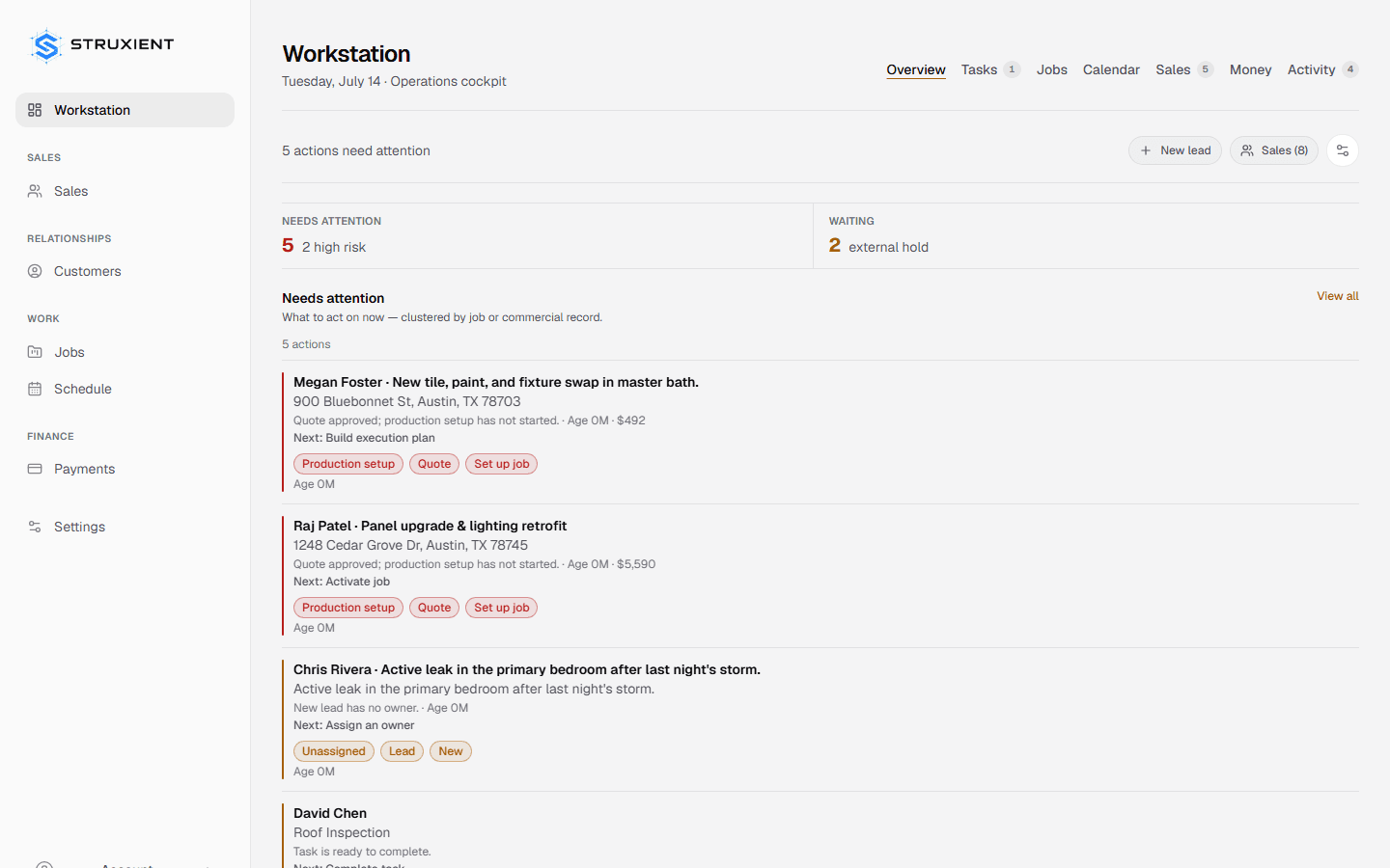 Struxient Workstation overview showing needs-attention work items ranked by priority, clustered by job
